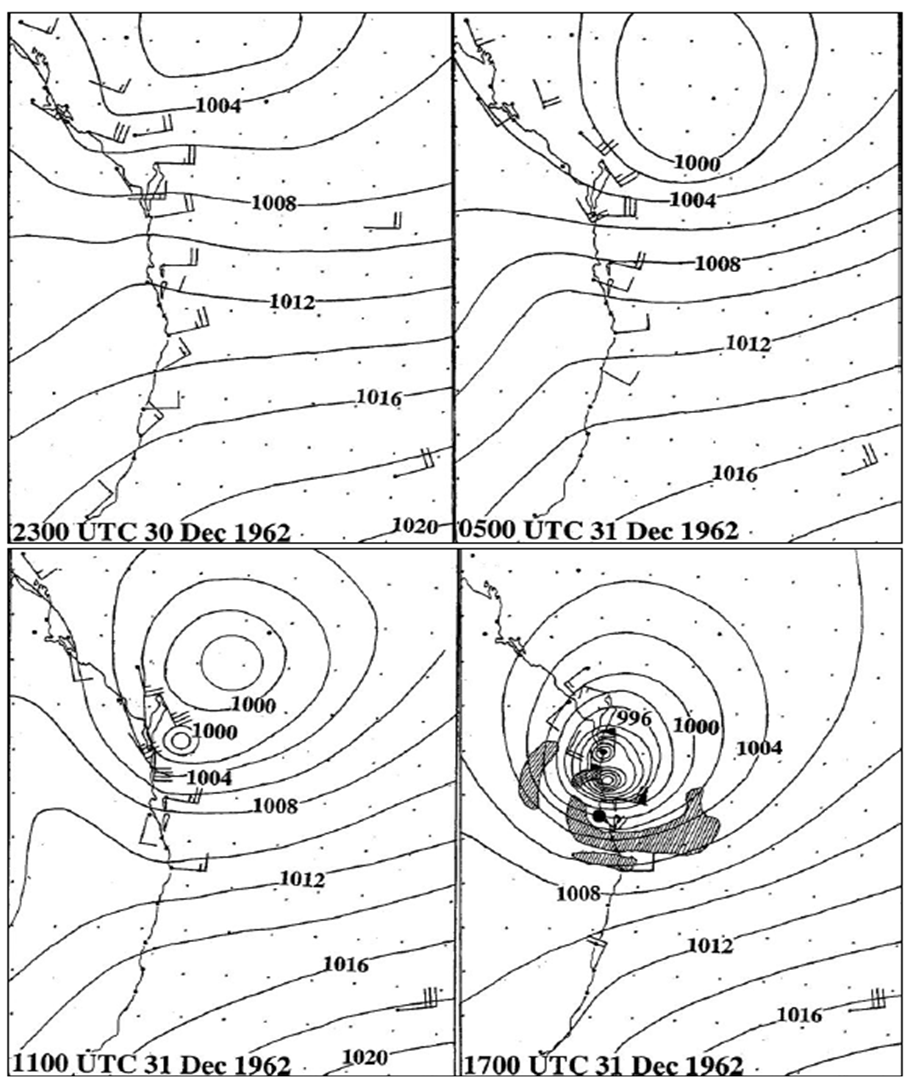 Mean Sea Level Pressure distribution and wind observations for 1963 Cyclone Annie
